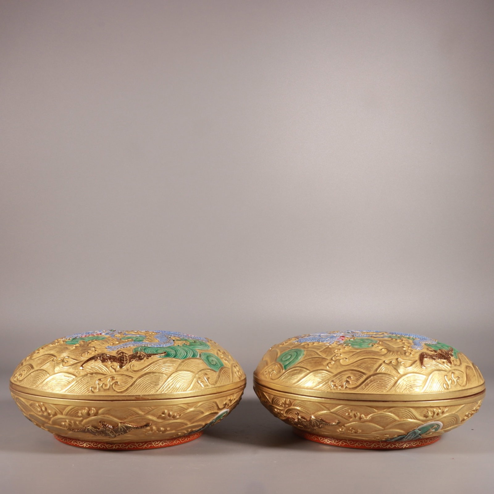 A Fine Enamel Color Gilded Ground Carved Dragon Pattern Fruit Box: A Fine Enamel Color Gilded Ground Carved Dragon Pattern Fruit Box,Qing Dynasty,China,Qianlong Six-character