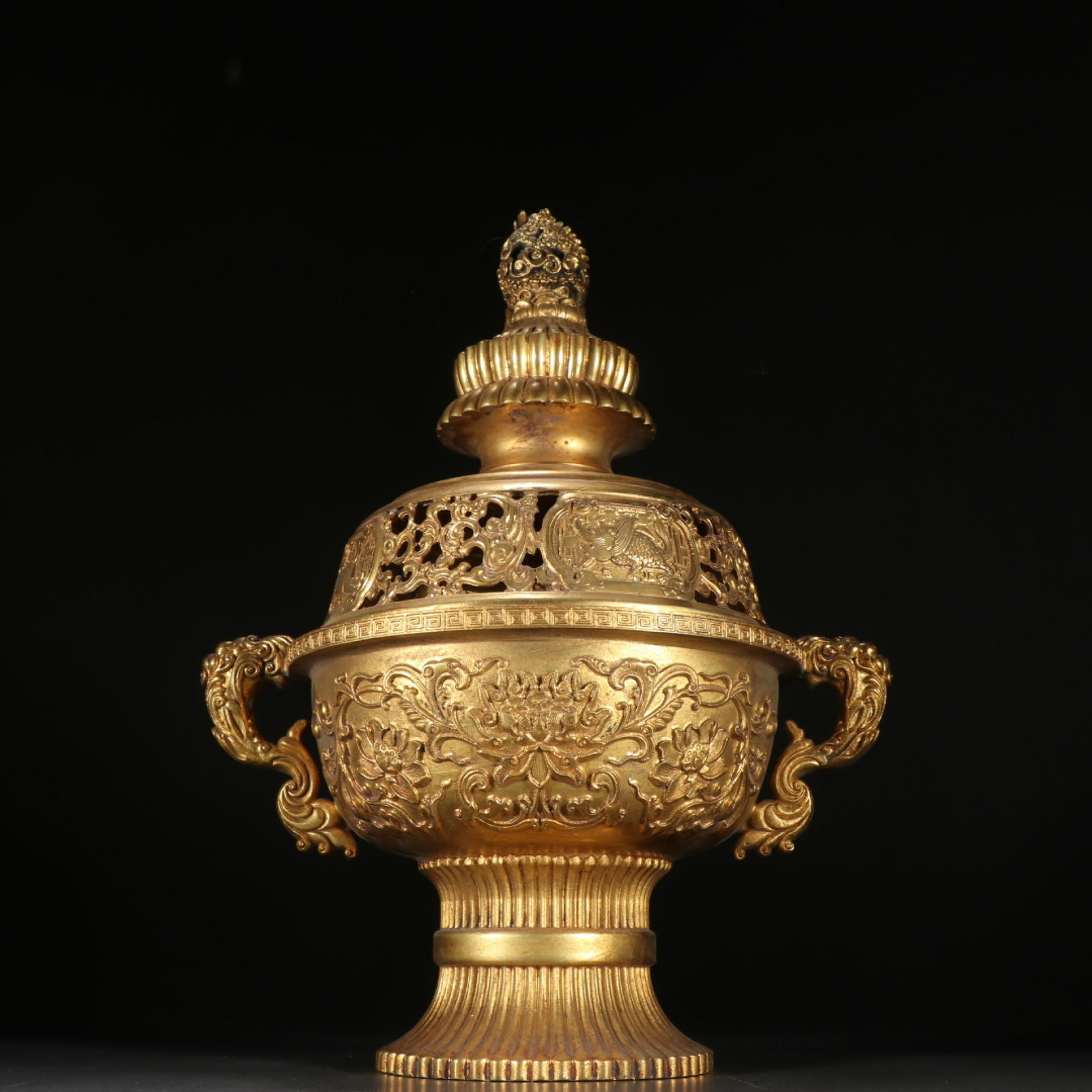 An Exquisite Gilt Bronze High-Foot Incense Burner With Interlocking Lotus And Dragon Handles: An Exquisite Gilt Bronze High-Foot Incense Burner With Interlocking Lotus And Dragon Handles,China Qing Dynasty,Four-Character Qianlong Mark,Dimensions:12inx6.8in,Weight:Approx. 5000g,铜鎏