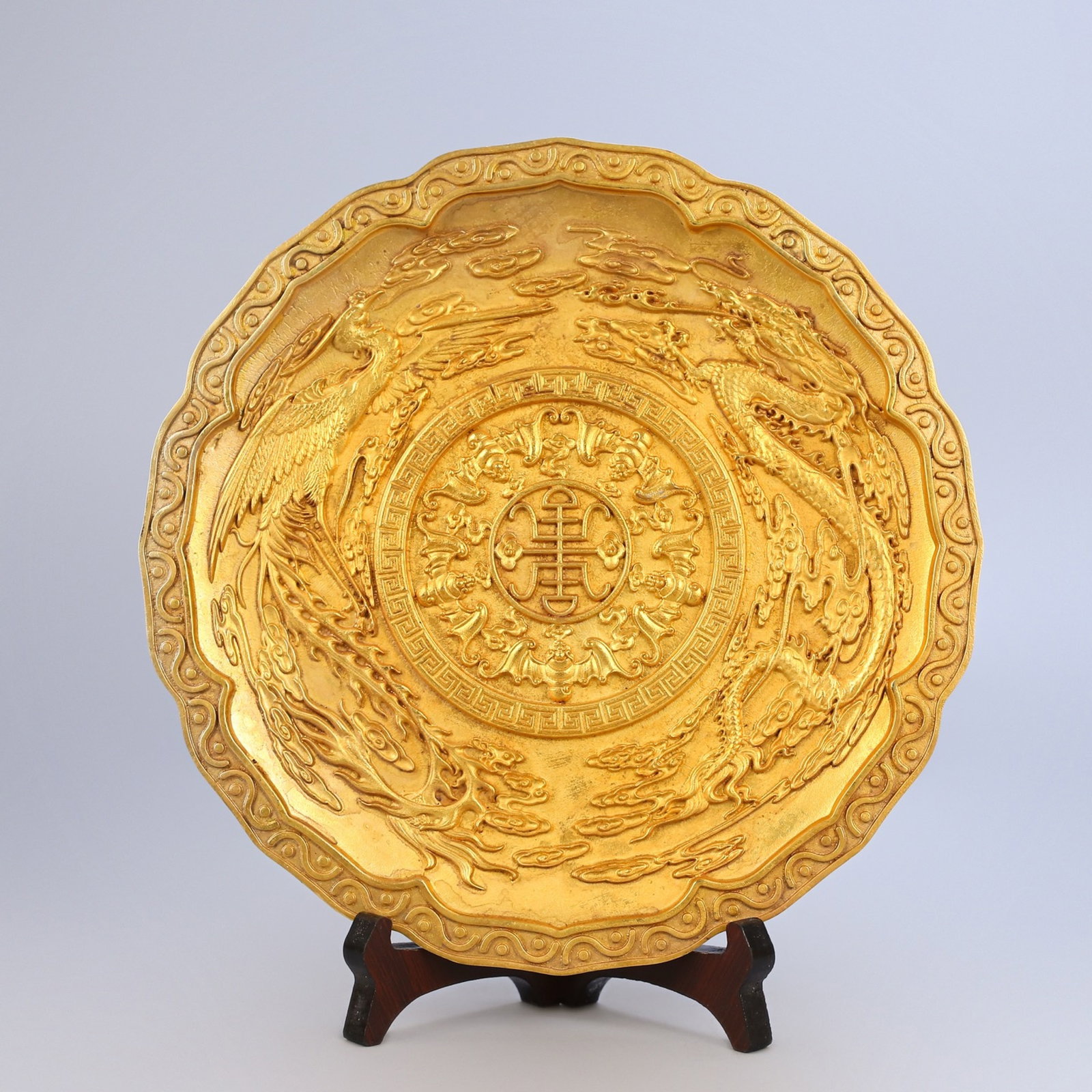An Exquisite Gilt Bronze Plate With Carved Dragon And Phoenix Patterns: An Exquisite Gilt Bronze Plate With Carved Dragon And Phoenix Patterns,China,Qing Dynasty,Four Character Qianlong