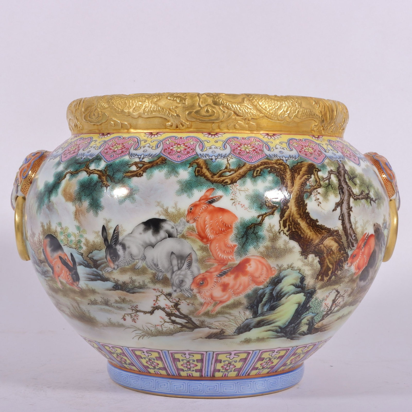 A Fine Enamel Color Carved and Gilt Continuous Hundred Rabbits Lion-Eared Water Washer: A Fine Enamel Color Carved and Gilt Continuous Hundred Rabbits Lion-Eared Water Washer,Qing Dynasty,China,Qianlong Four-character Mark,Size:7.3inx9.1in,珐琅彩雕刻描
