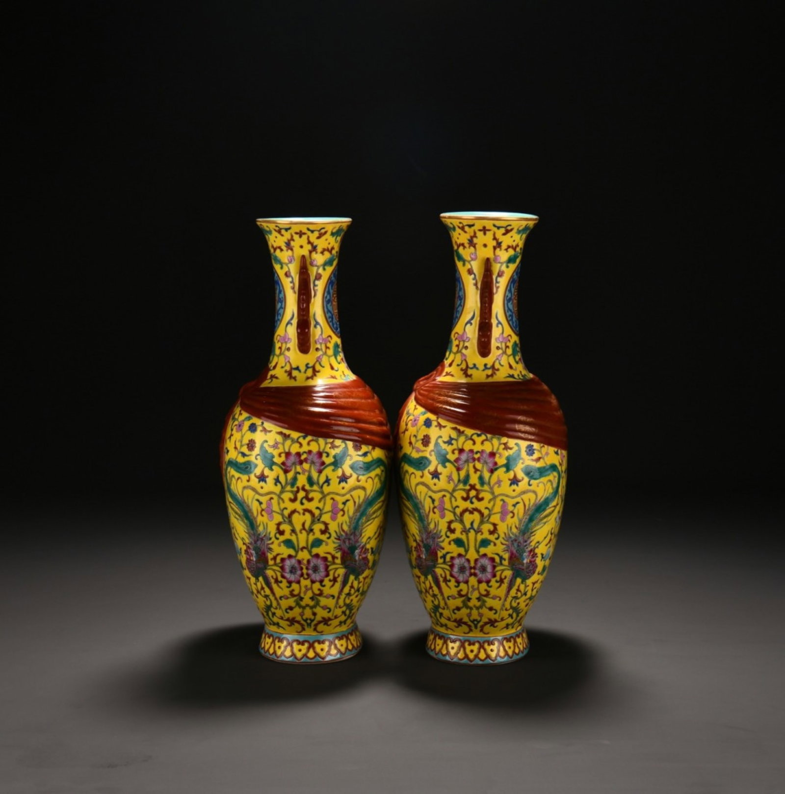 A Pair Of Exquisite Yellow Ground Enamel Phoenix Pattern Ribbon Wrapped Double-Eared Vases (1 of 8)