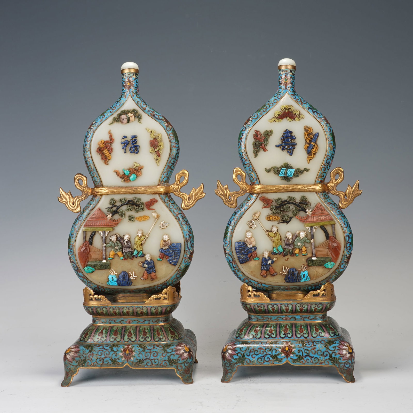 A Pair Of Exquisite Cloisonne Inlaid Precious Gems Gourd-Style Ornaments With Blessing,Longevity And (1 of 12)