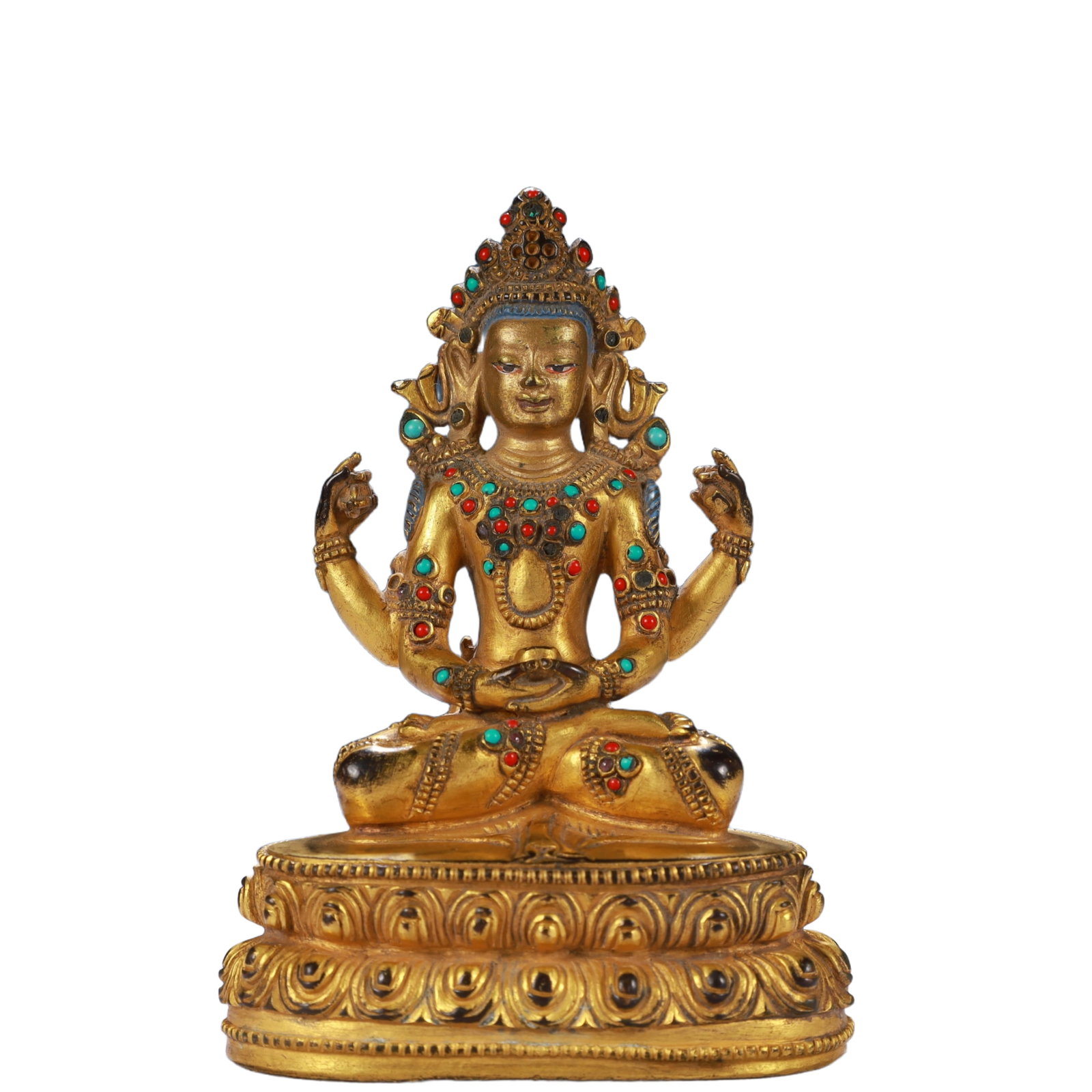 A Solemn Gilt Bronze Buddha Statue,Inlaid Gems and Turquoise: A Solemn Gilt Bronze Buddha Statue,Inlaid Gems and Turquoise,Qing Dynasty, China,Size:3.1inx2inx4.7in,Weight:400g 铜鎏金佛像,嵌宝石和绿Ĉ