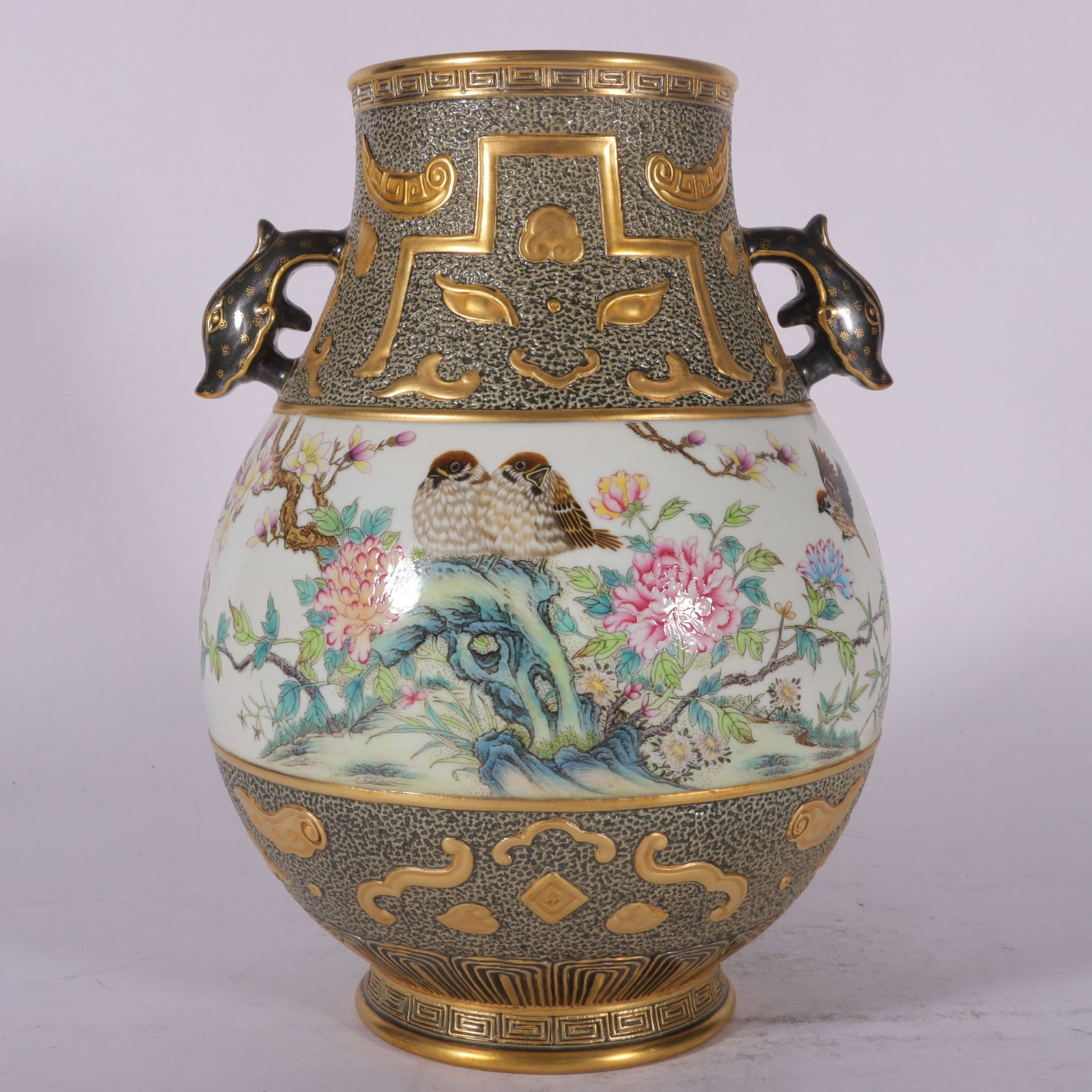A Fine Enamel Color Carved and Gilt Continuous Flower-and-Bird Double-Eared Fortune Bucket: A Fine Enamel Color Carved and Gilt Continuous Flower-and-Bird Double-Eared Fortune Bucket,Qing Dynasty,China,Qianlong Six-character Mark,Size:10.6inx7.5in,珐琅彩雕刻