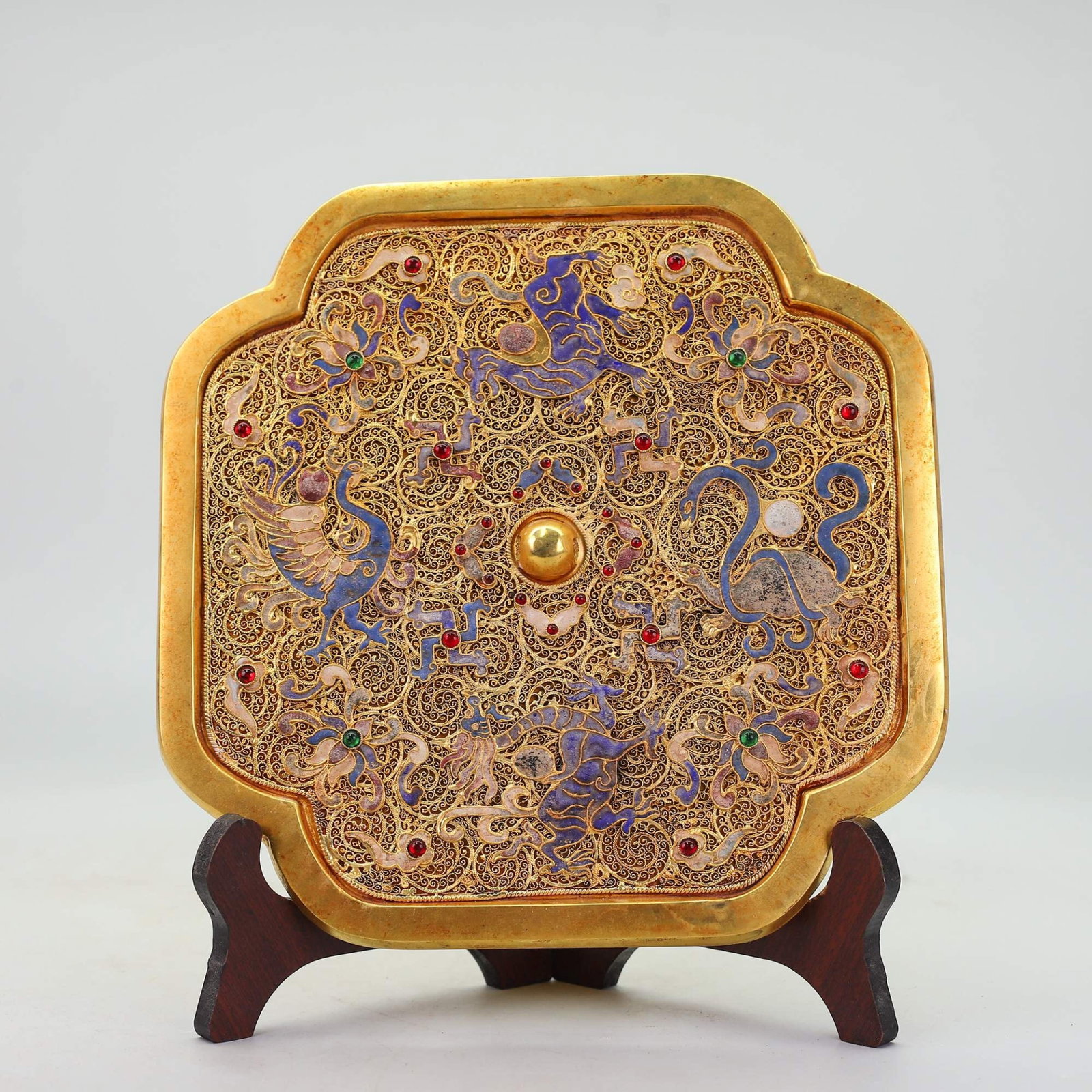 An Exquisite Gilt Bronze Filigree Enamel Rhombus Ornamental Inlaid With Gemstones And Four Divine (1 of 10)