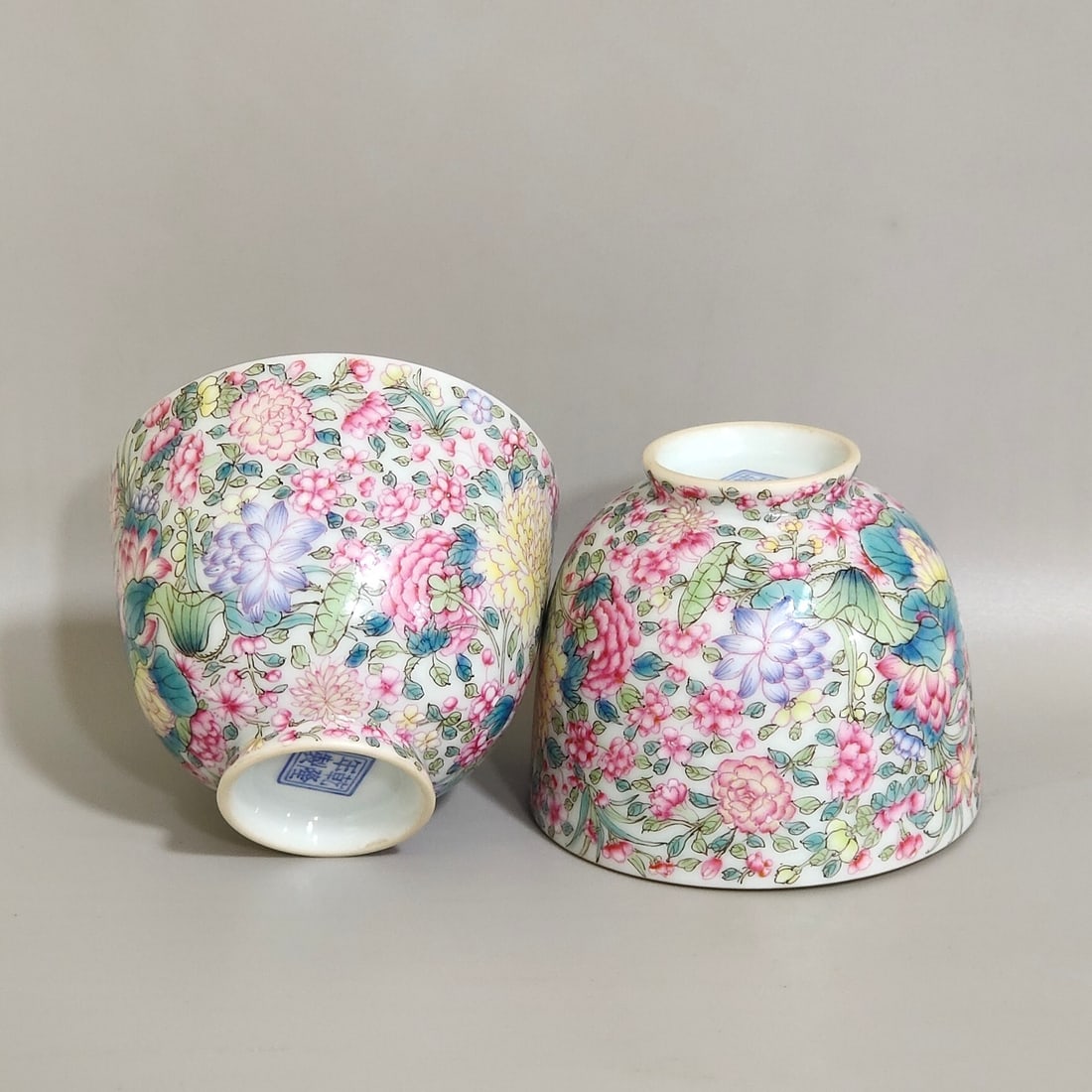 A Pair Of Exquisite Heart-Shaped Cups Fully Covered With Famille Rose All-Over Seasonal Flower: A Pair Of Exquisite Heart-Shaped Cups Fully Covered With Famille Rose All-Over Seasonal Flower Patterns,Qing Dynasty,China,Qianlong Four-character Mark,一对粉彩万花