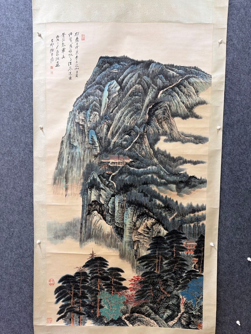 A Chinese Vertical Scroll Ink Painting of Landscape on Paper,Zhang Daqian: A Chinese Vertical Scroll Ink Painting of Landscape on Paper,Zhang Daqian, Size:37inx70.1in 一幅中国水墨山水画立轴,张大