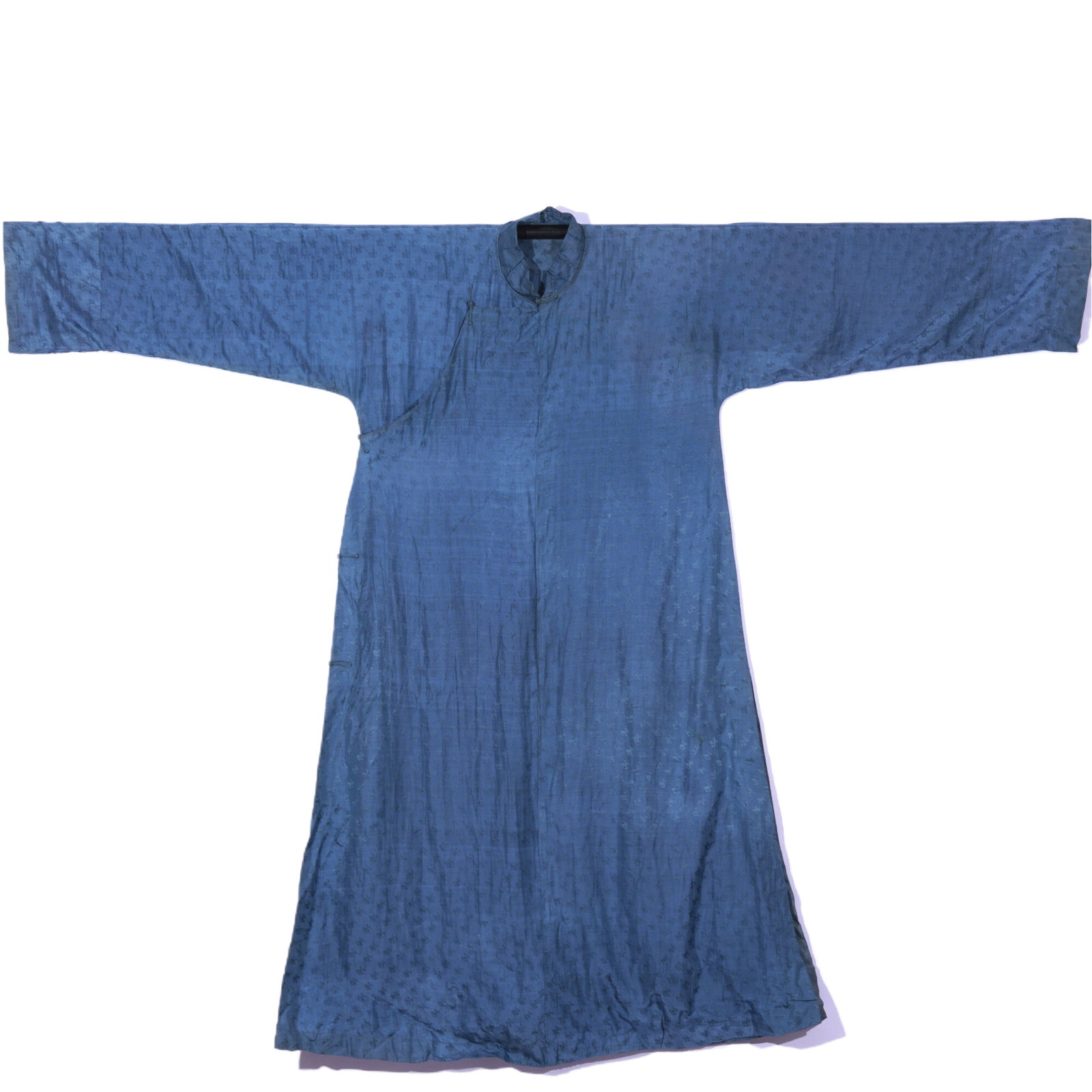 An Exquisite Blue Damask Silk Stand Collar Long Robe: An Exquisite Blue Damask Silk Stand Collar Long Robe,China Qing Dynasty,Dimensions:65inx50.4in,蓝色暗花绸立领长衫,中国清代