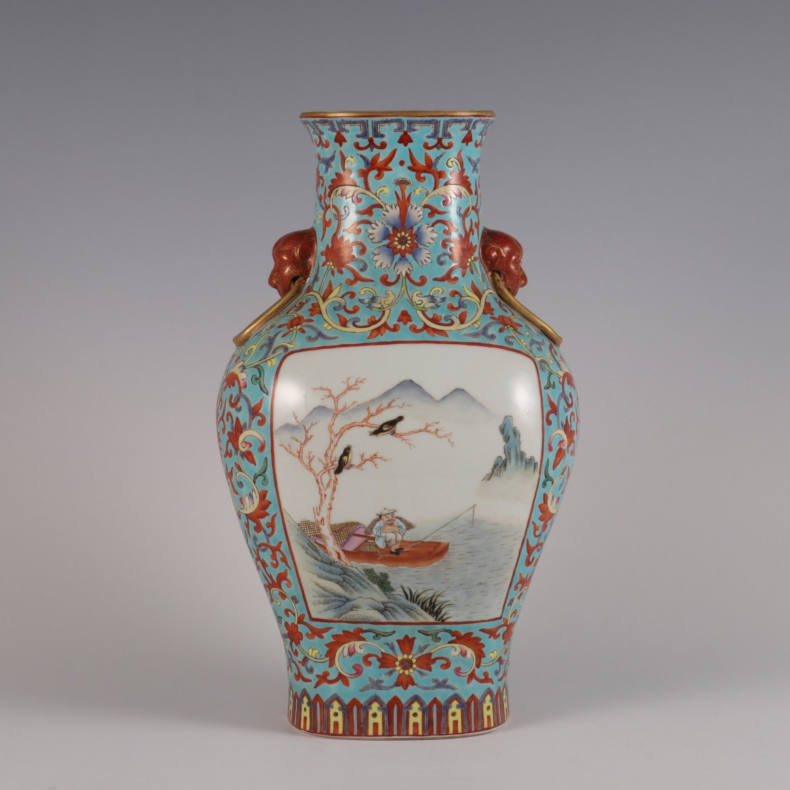 An Exquisite green ground famille rose medallion narrative scene beast-handle vase, (1 of 9)