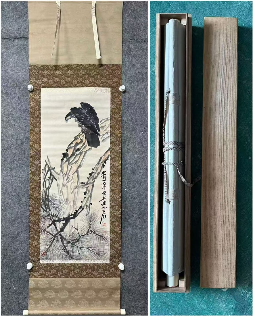A Chinese Ink-on-Paper Hanging Scroll, Pine and Eagle: A Chinese Ink-on-Paper Hanging Scroll, Pine and Eagle,Qi Baishi,Size:15.7inx38.2in,一副中国水墨松鹰纸本立轴,齐白