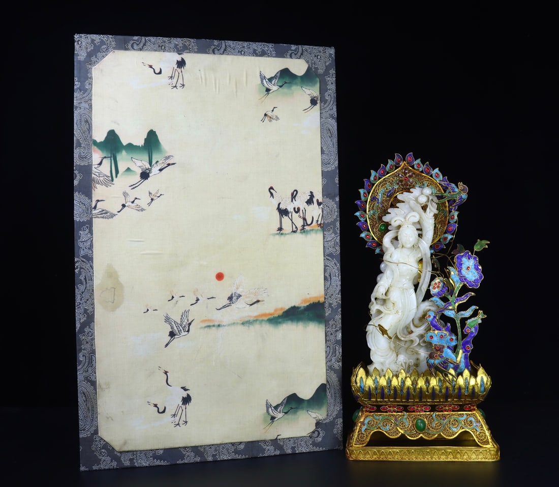 A Fine Gilt Filigree White Jade Fairy Ornament Inlaid With Gemstones (1 of 9)