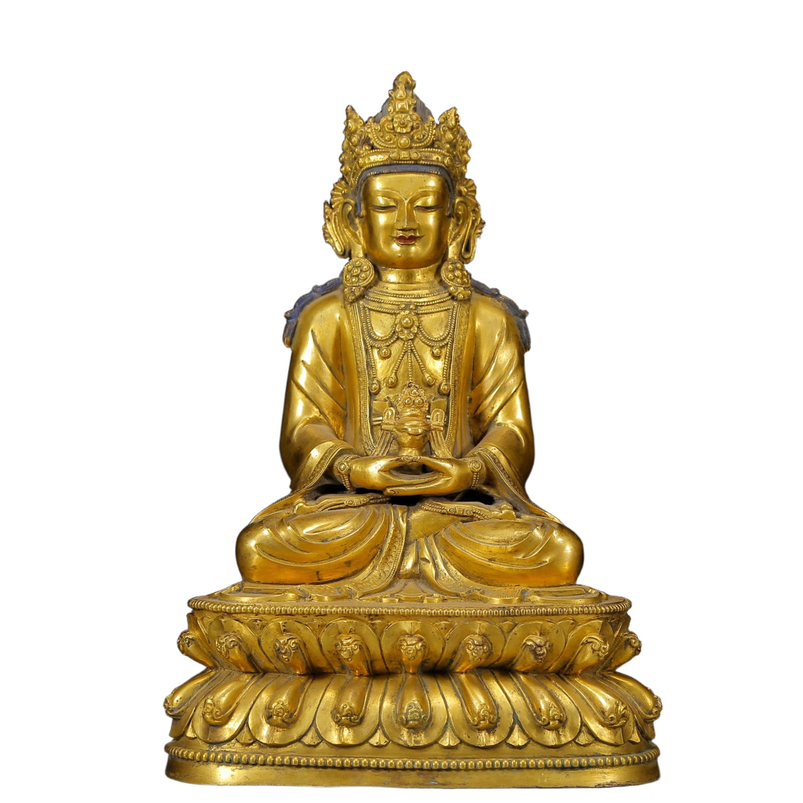 A Solemn Gilt Bronze Statue of Amitayus: A Solemn Gilt Bronze Statue of Amitayus,Ming Dynasty, China,Size:6.7inx5.1inx9.8in,Weight:3570g 铜鎏金无量寿佛像，明代