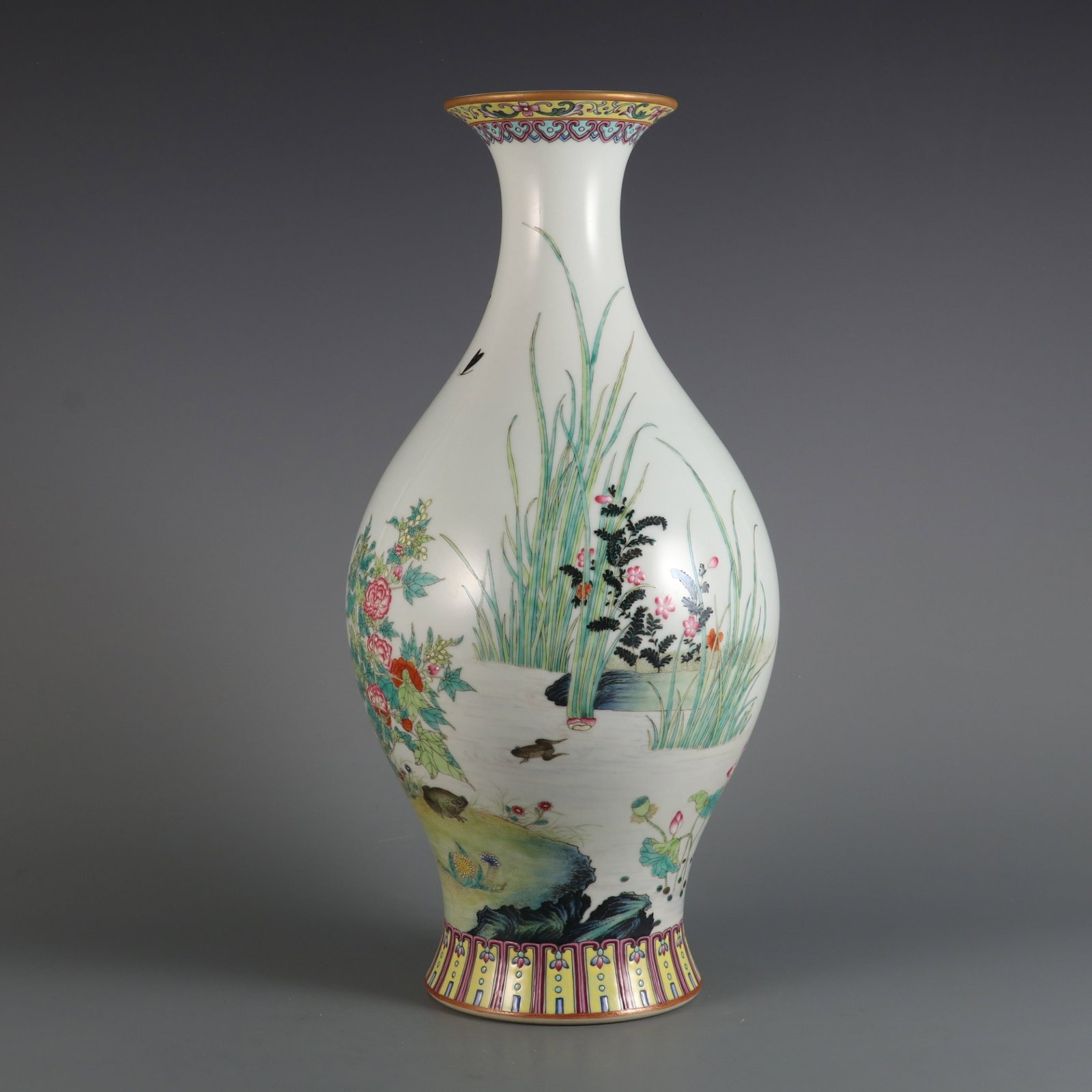 An Exquisite famille rose lotus pond interest inscribed poem olive-shaped vase, (1 of 9)