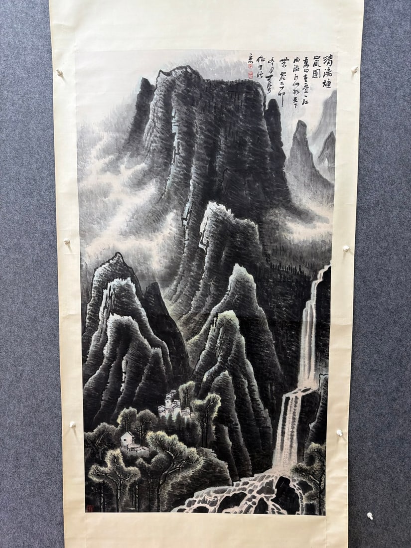 A Chinese Vertical Scroll Ink Painting of Landscape on Paper,Li Keran: A Chinese Vertical Scroll Ink Painting of Landscape on Paper,Li Keran, Size:36.2inx68.5in 一幅中国水墨山水画立轴,李可ĉ