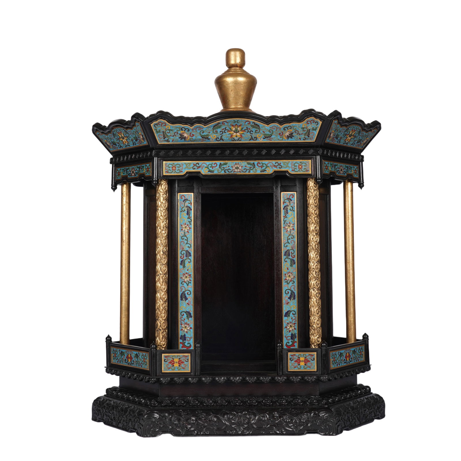 An Exquisite Zitan Wood Hexagonal Pavilion-Style Buddhist Shrine Inlaid With Cloisonne Interlocking (1 of 11)