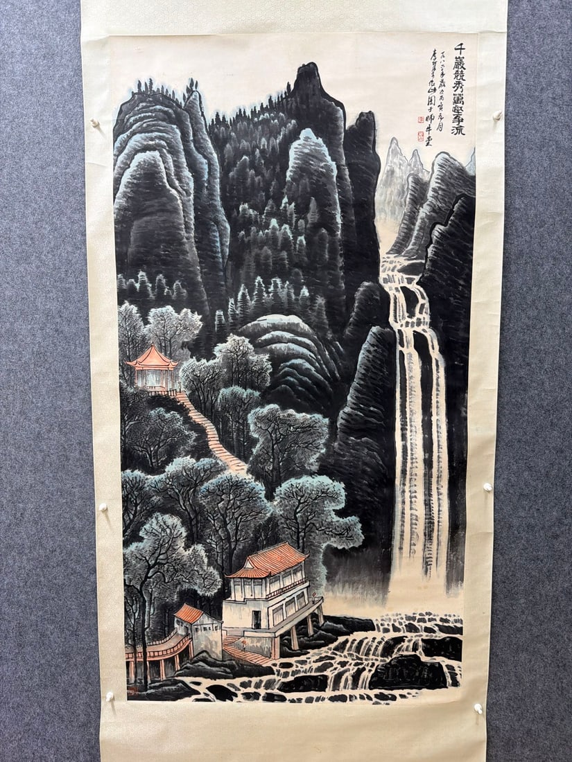 A Chinese Vertical Scroll Ink Painting of Landscape on Paper,Li Keran: A Chinese Vertical Scroll Ink Painting of Landscape on Paper,Li Keran,Size:36.2inx68.5in 一幅中国水墨山水画立轴,李可੡