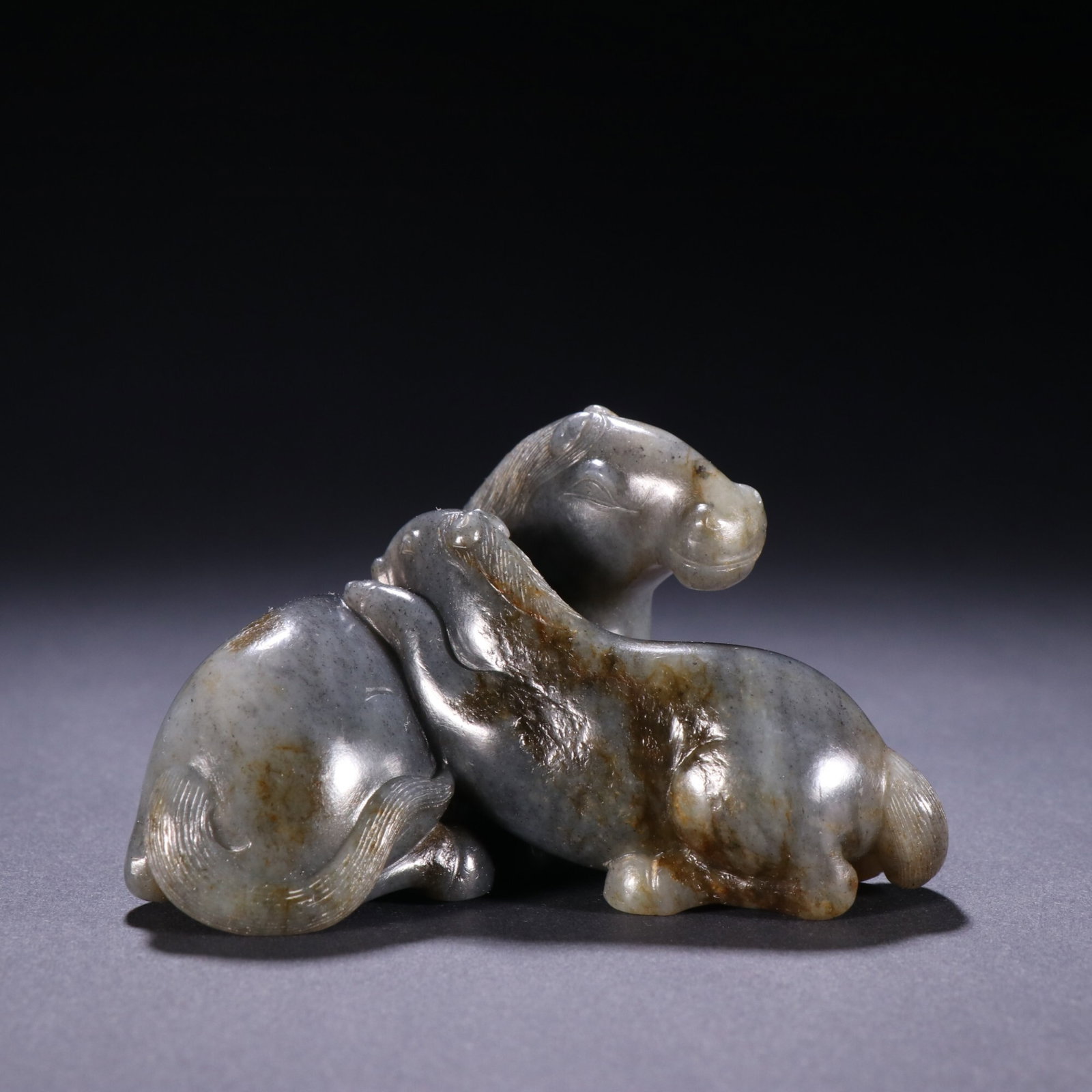 An Exquisite Celadon Jade Twin Horses Ornament: An Exquisite Celadon Jade Twin Horses Ornament,China Qing Dynasty,Dimensions:2inx3.4in,Weight:222g,青玉双马摆件,中国清代