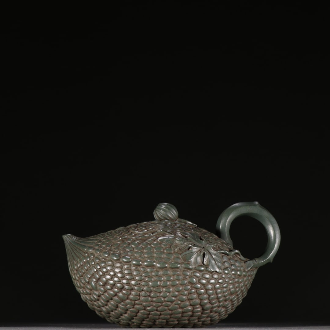 A Fine Chinese Zisha Green Clay Naturalistic Teapot (1 of 9)