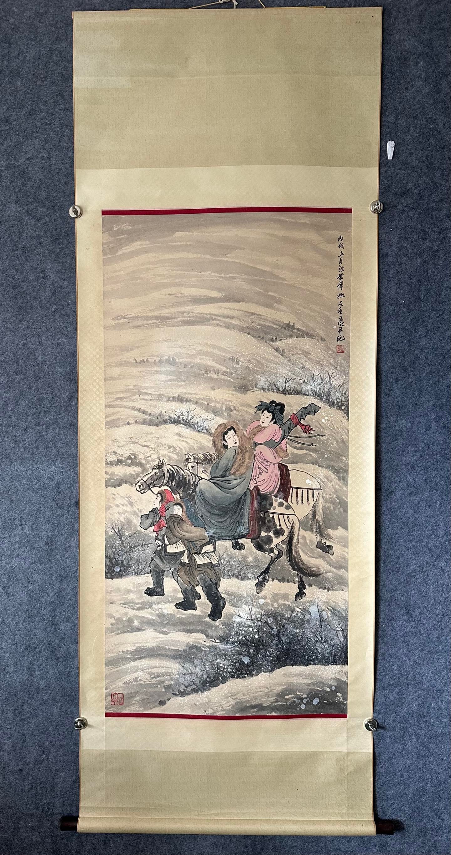 A Chinese Ink-on-Paper Hanging Scroll, Cai Wenji Returning to Han: A Chinese Ink-on-Paper Hanging Scroll, Cai Wenji Returning to Han,Fu Baoshi,Size:27inx54.7in,一副中国水墨文姬归汉图纸本