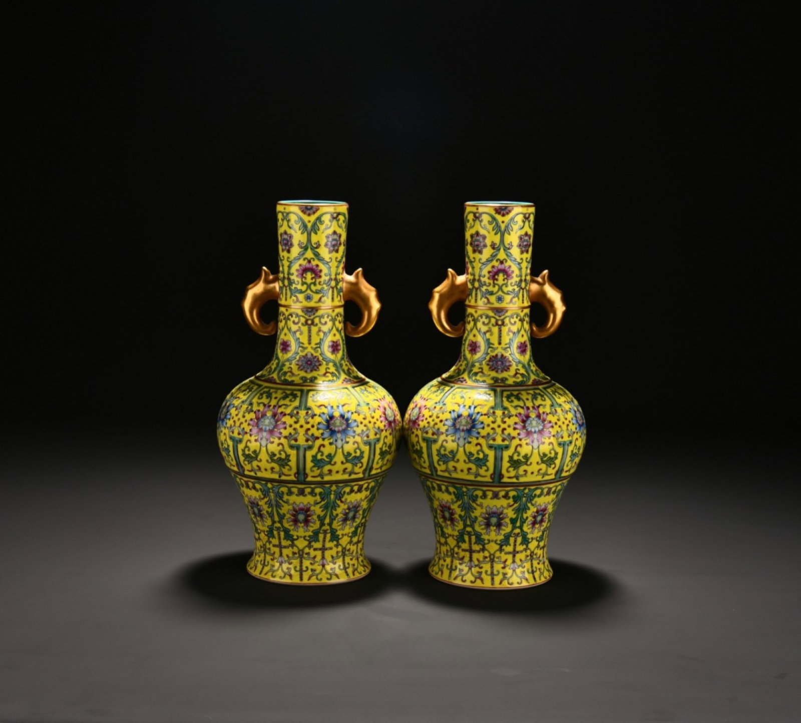 An Exquisite Yellow Ground Gilt Enamel Beast-Eared Long Neck Vase (1 of 8)