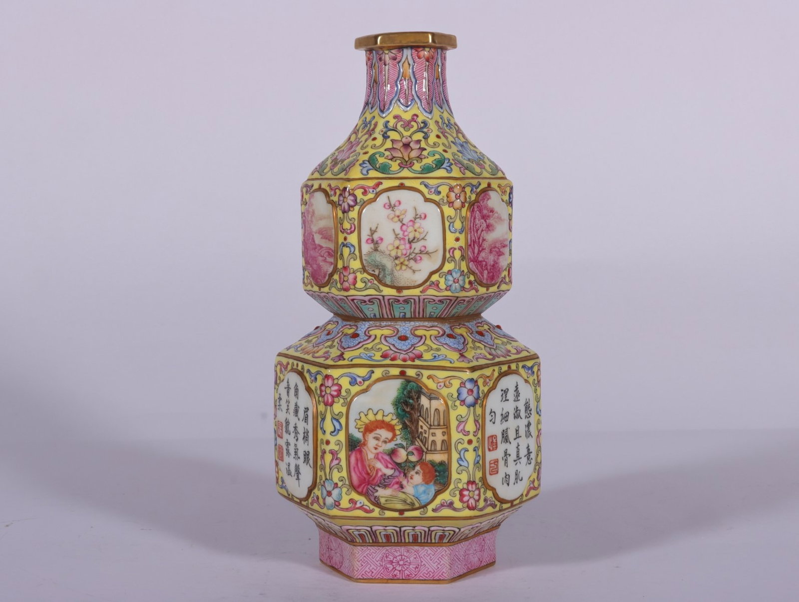 A Fine Enamel Color Yellow Ground Interlocking Lotus Hexagonal Gourd Vase with Panels of Western: A Fine Enamel Color Yellow Ground Interlocking Lotus Hexagonal Gourd Vase with Panels of Western Figures,Qing Dynasty,China,Qianlong Four-character Mark,Size:7.2inx3.5in,珐琅彩࿠