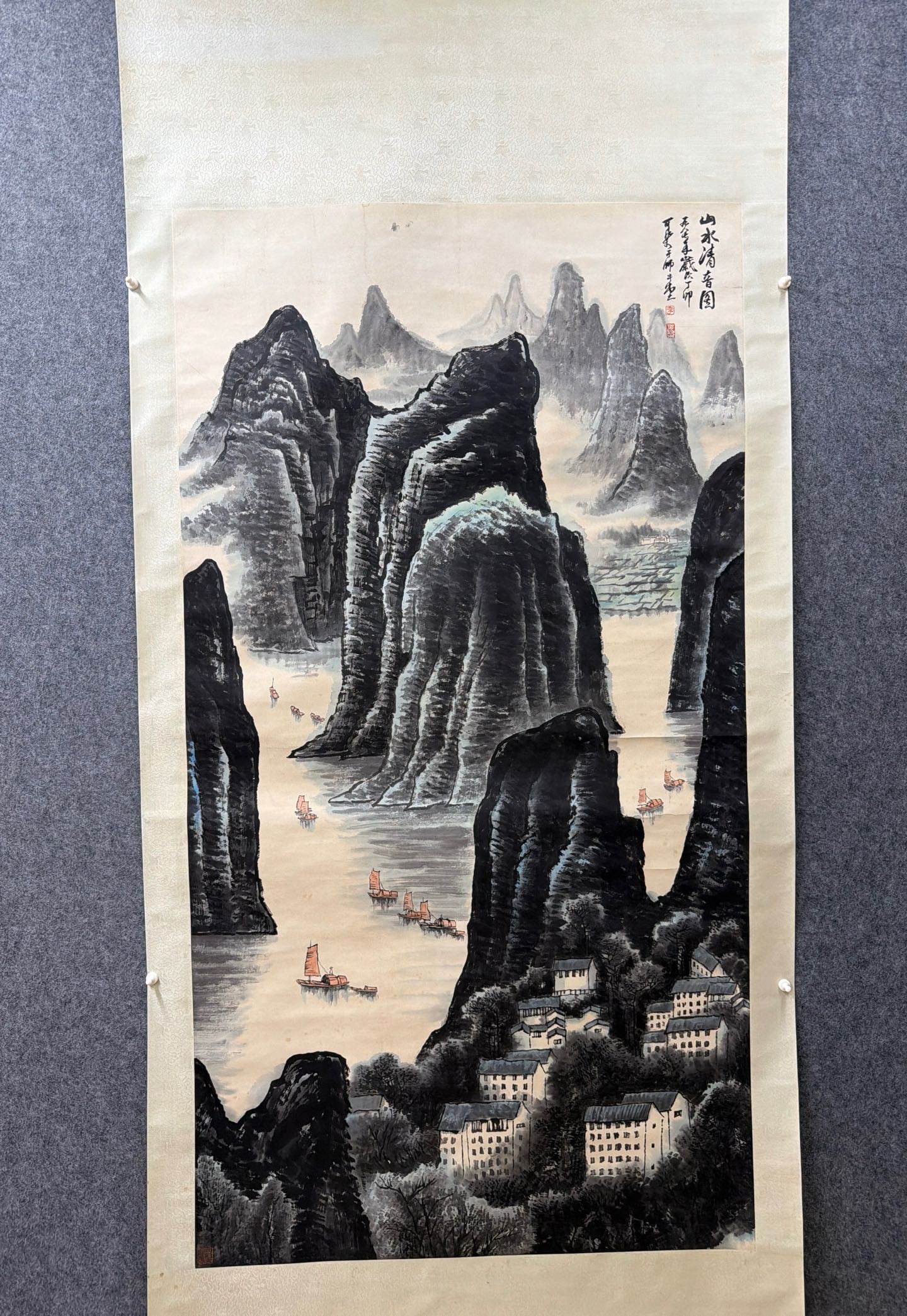 A Chinese Vertical Scroll Ink Painting of Landscape on Paper,Li Keran: A Chinese Vertical Scroll Ink Painting of Landscape on Paper,Li Keran, Size:36.2inx69.7in 一幅中国水墨山水画立轴,李可ĉ