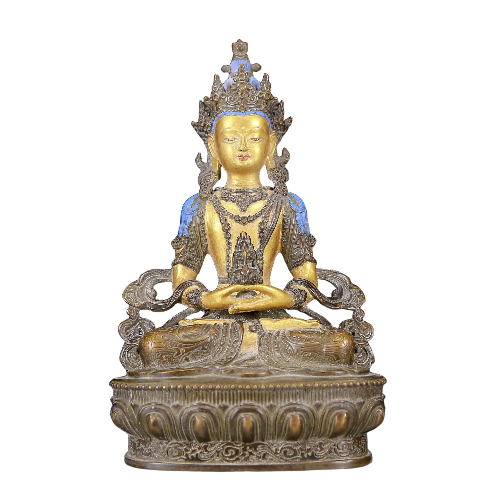 A Solemn Gilt Bronze Statue of Amitayus: A Solemn Gilt Bronze Statue of Amitayus,Qing Dynasty, China,Size:5.1inx3.5inx8.3in,Weight:1315g 铜鎏金无量寿佛像，清代
