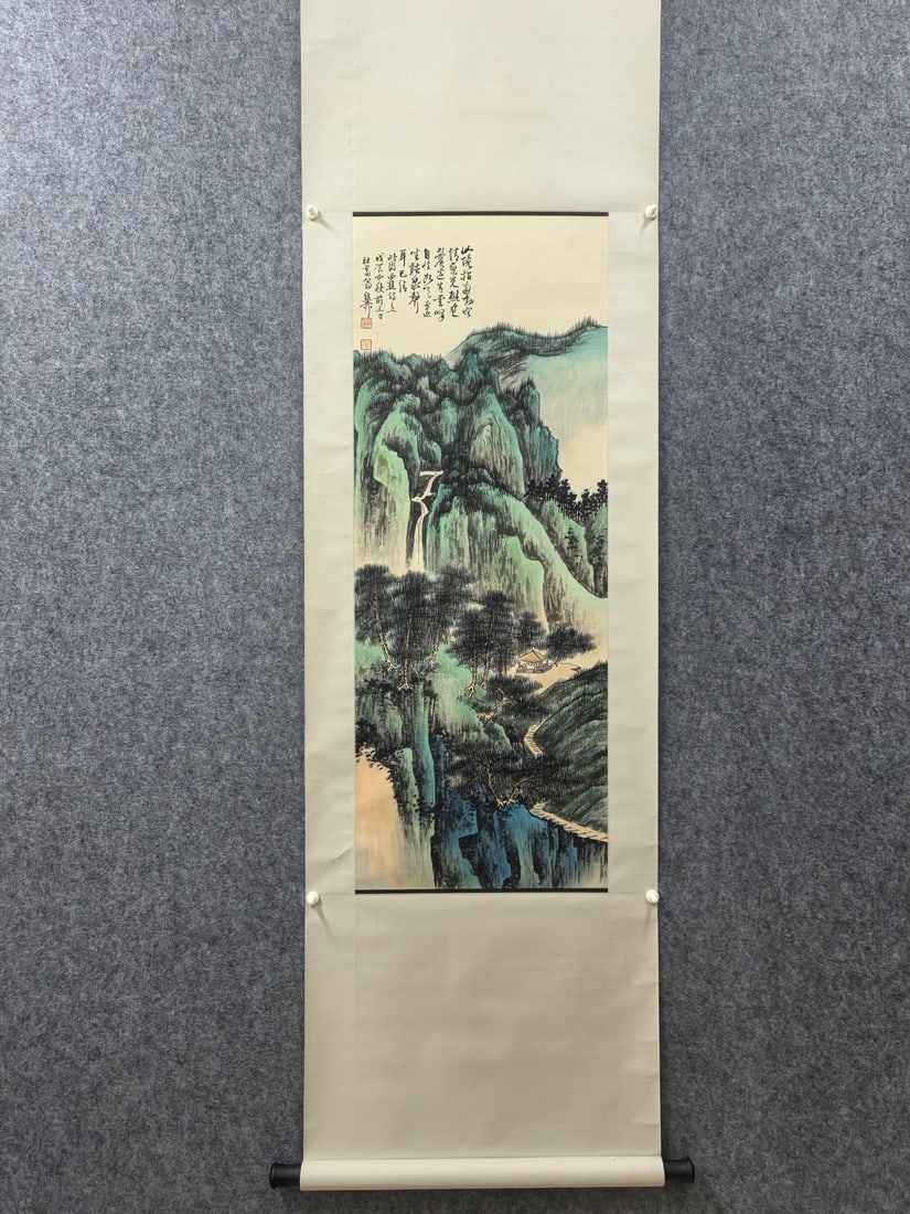 A Chinese Vertical Scroll Ink Painting of Landscape on Paper,Xie Zhiliu: A Chinese Vertical Scroll Ink Painting of Landscape on Paper,Xie Zhiliu,Size:15.4inx40.9in 一幅中国水墨山水画立轴,谢稚