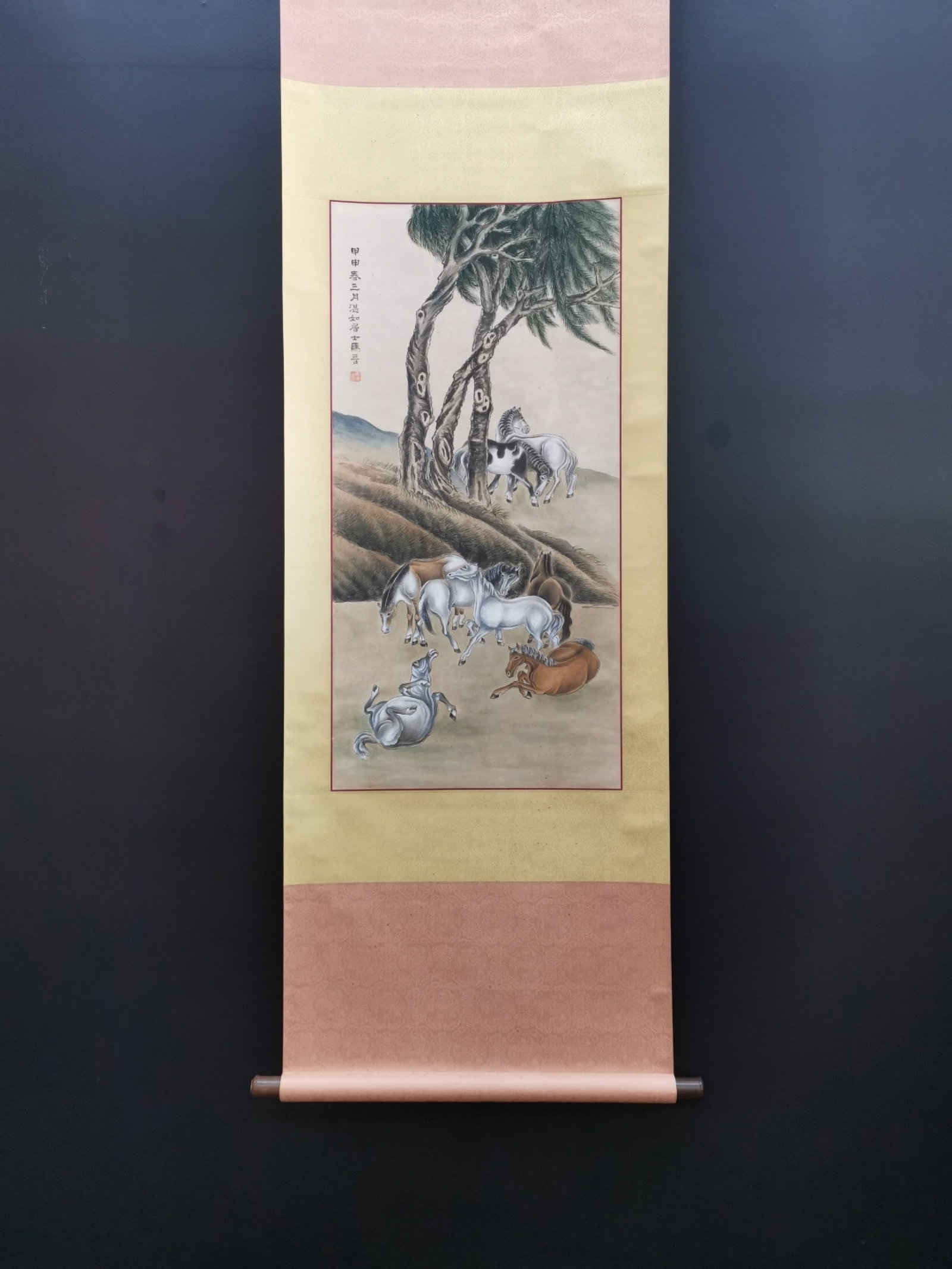 Chinese Ink Horse Hanging Scroll,Ink on Paper: Chinese Ink Horse Hanging Scroll,Ink on Paper,Ma Jin,Without frame Size:17.7inx36.2in,一副中国水墨纸本马立轴,马晋,