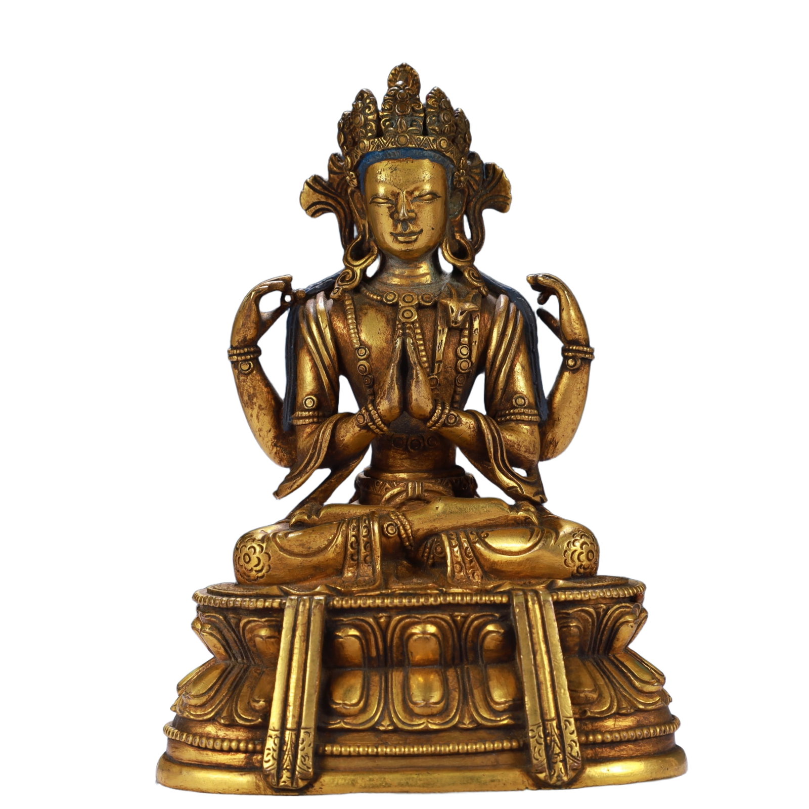 A Solemn Gilt Bronze Four-arms Statue of Avalokitesvara: A Solemn Gilt Bronze Four-arms Statue of Avalokitesvara,Qing Dynasty, China,Size:3.5inx2.6inx5.1in,Weight:500g 铜鎏金四臂观音像,中国清
