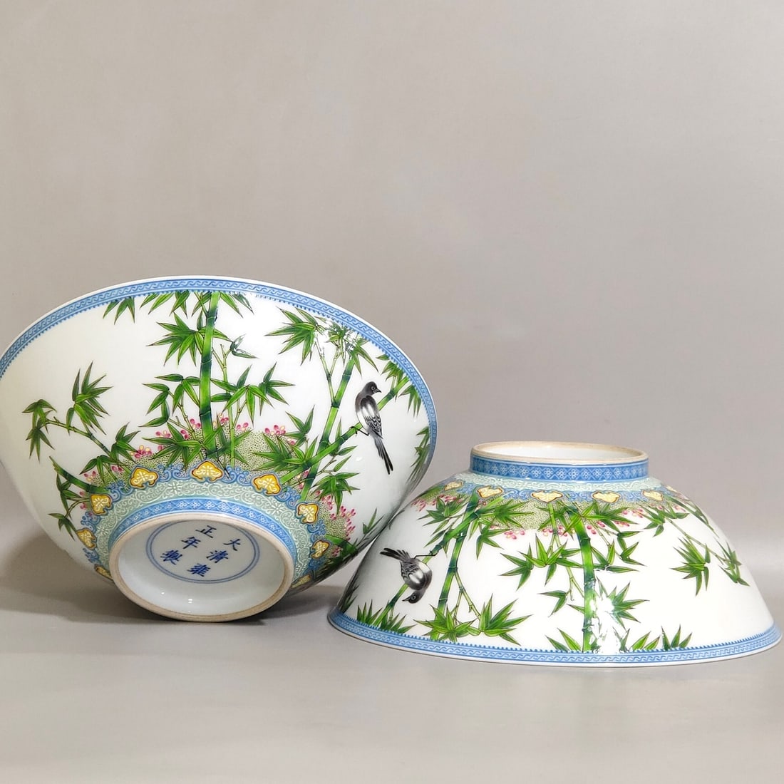 A Pair Of Exquisite Bamboo-Hat Shaped Bowls With Famille Rose Bamboo And Sparrows (Blessing Peace): A Pair Of Exquisite Bamboo-Hat Shaped Bowls With Famille Rose Bamboo And Sparrows (Blessing Peace) Patterns And Inscribed Poems,Qing Dynasty,China,Yongzheng Six-character Mark,一对粉