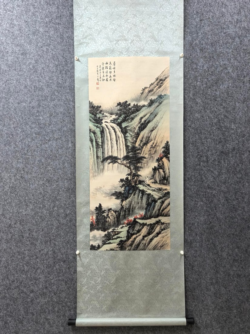 A Chinese Vertical Scroll Ink Painting of Landscape and Figure on Paper,Huang Junbi: A Chinese Vertical Scroll Ink Painting of Landscape and Figure on Paper,Huang Junbi,Size:18.1inx43.3in 一幅中国水墨山水人物画立&