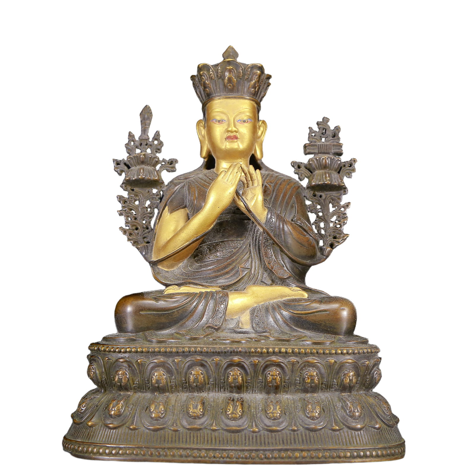 A Solemn Gilt Bronze Statue of Guru: A Solemn Gilt Bronze Statue of Guru,Qing Dynasty, China,Size:7.3inx4.5inx9.8in,Weight:2550g 铜鎏金上师像，清代
