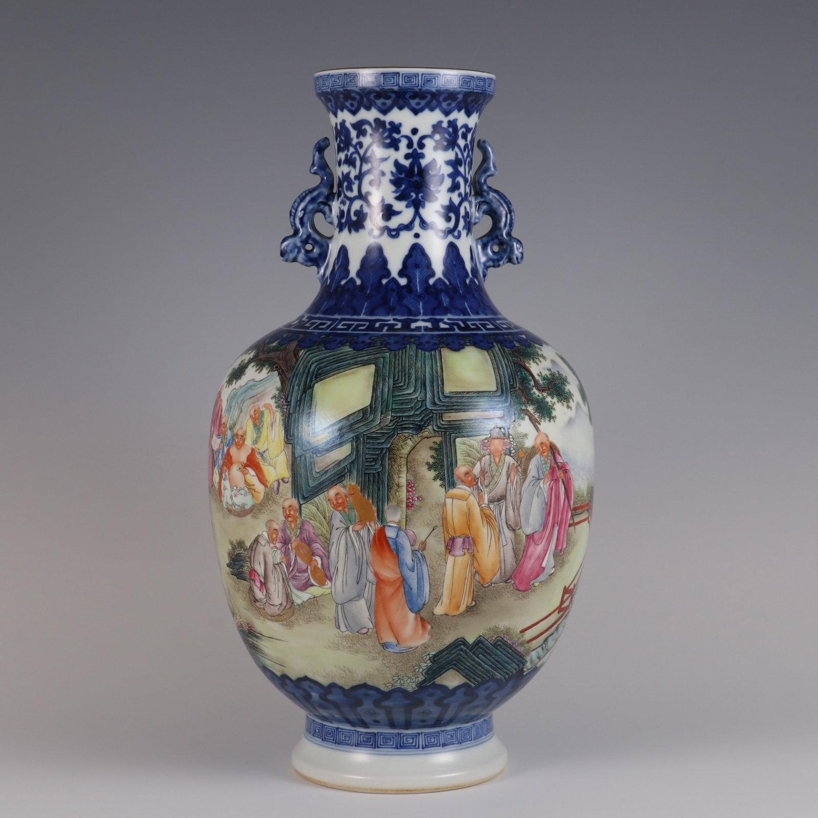 An Exquisite blue and white famille rose eighteen arhats double-ear vase, (1 of 10)