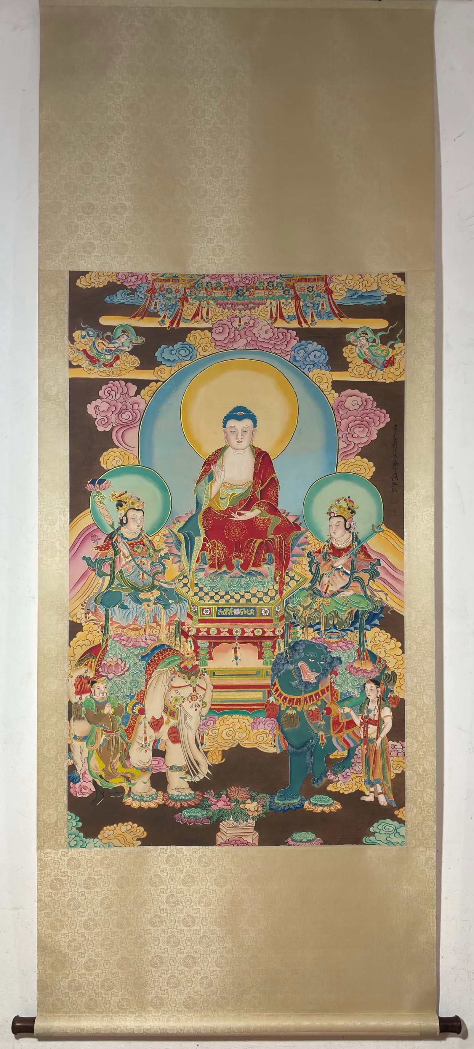 A ChineseInk?on?SilkHangingScroll,Samantabhadra?Amitabha?ManjushriTriad: A ChineseInk‑on‑SilkHangingScroll,Samantabhadra‑Amitabha‑ManjushriTriad,Zhang Daqian,Without frame Size:48.4inx28.5in,一副中国水墨华&#