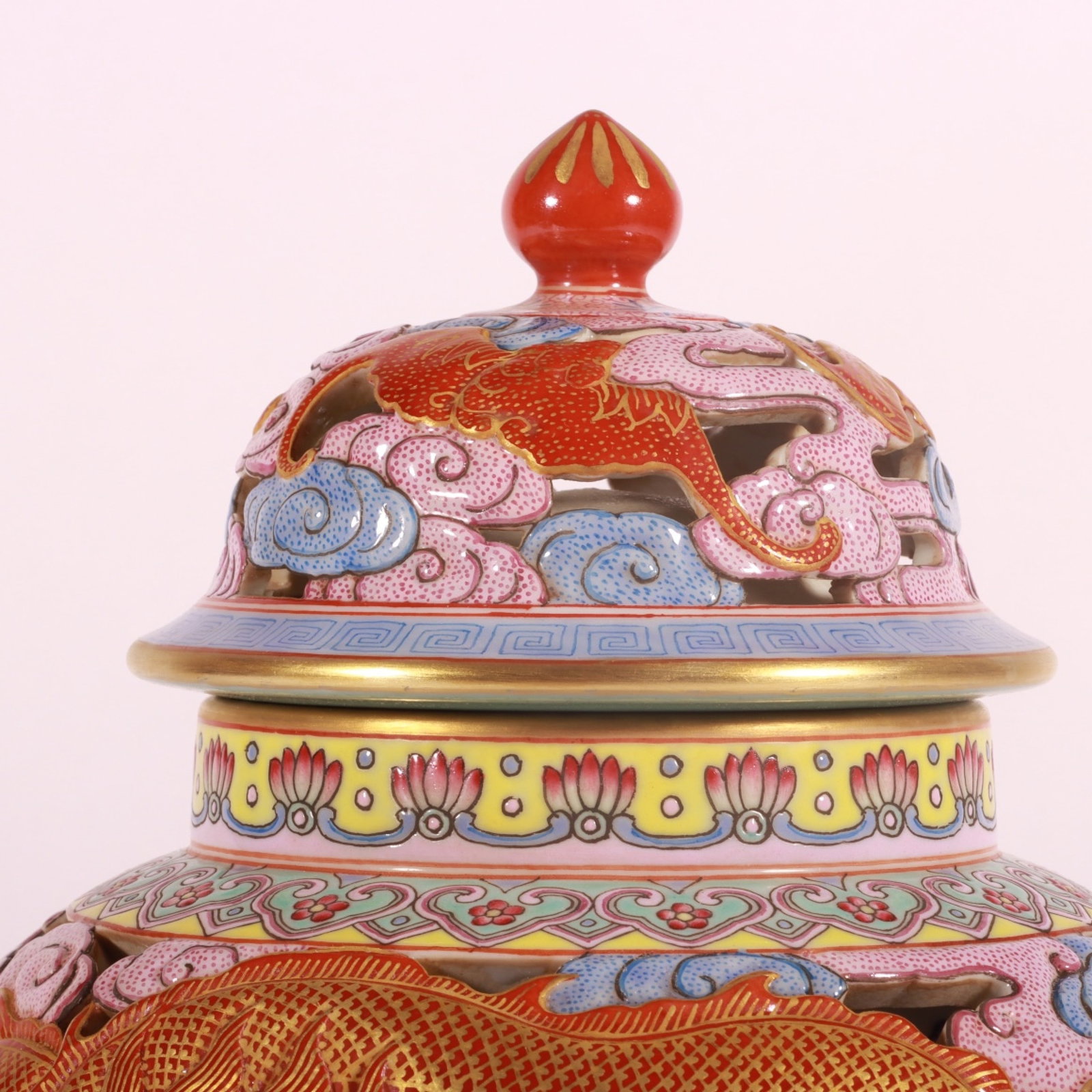 A Fine Enamel Color Hollowed Tea Caddy with Carp Leaping Dragon Gate (1 of 8)