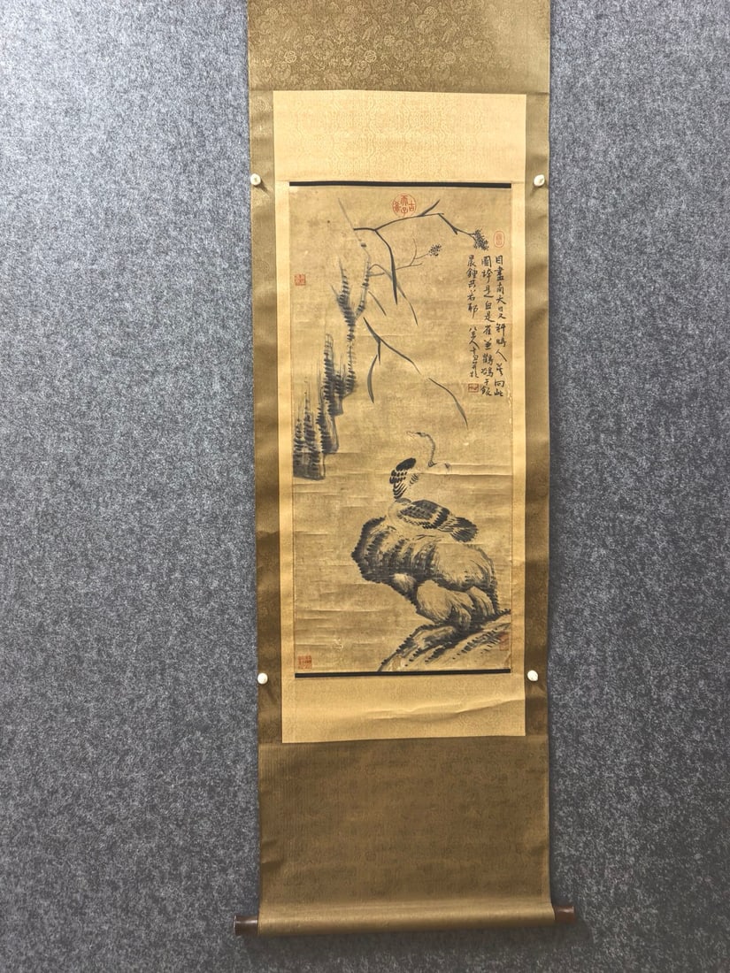 A Chinese Vertical Scroll Ink Painting of Wild Goose on Paper,Ba Da: A Chinese Vertical Scroll Ink Painting of Wild Goose on Paper,Ba Da,Size:16.9inx37in 一幅中国水墨大雁图立轴,八大