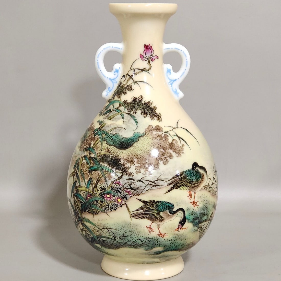 An Exquisite Double-Ear Yuhuchun Vase With Enamel Yellow Glaze,Reed Wild Geese And Inscribed Poems (1 of 7)