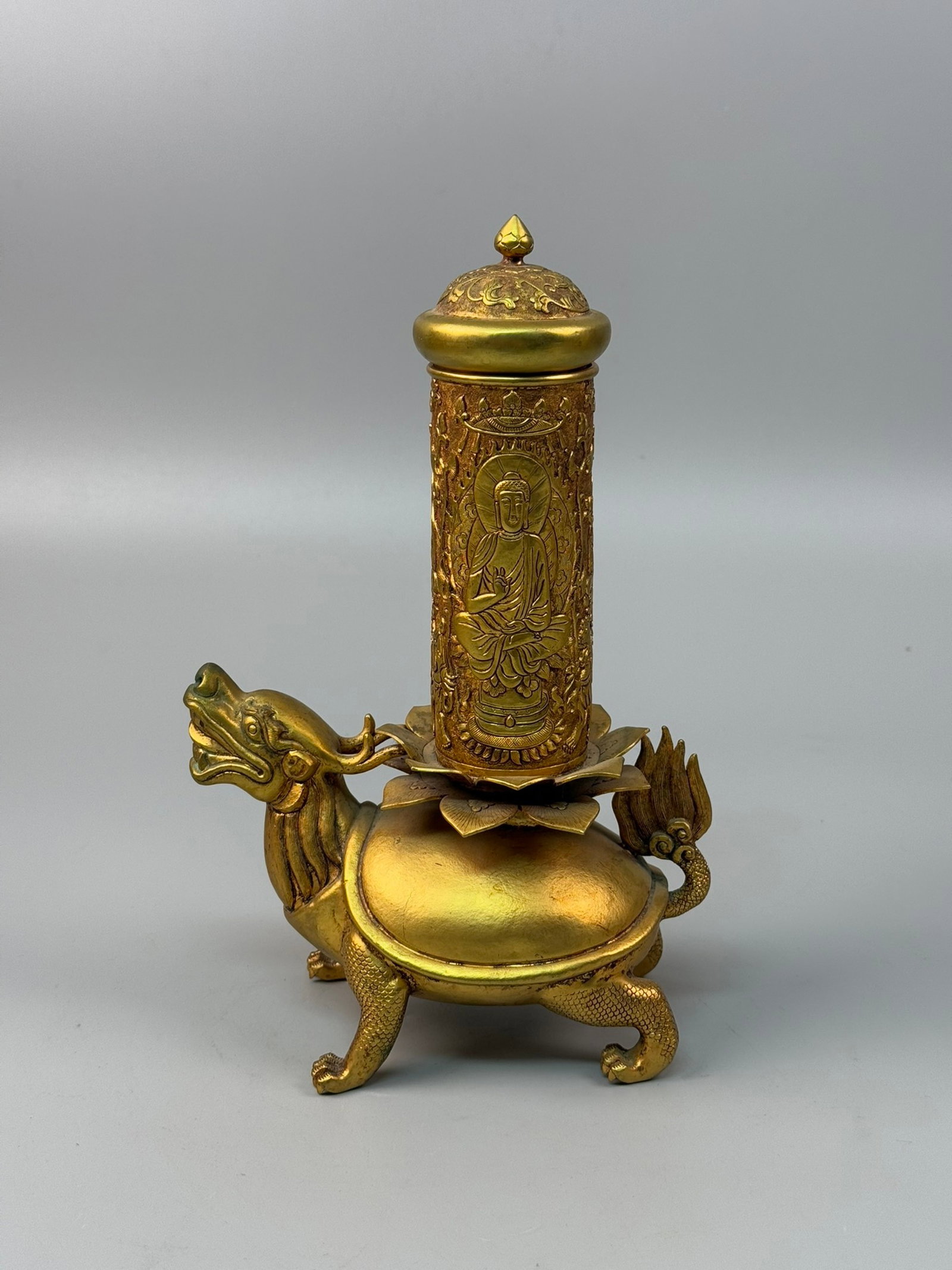 An Exquisite Gilt Bronze Ornament Of Dragon Turtle On Lotus Base Holding Buddhist Scripture Tube (1 of 9)