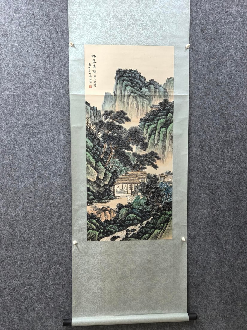 A Chinese Vertical Scroll Ink Painting of Landscape and Figure on Paper,Yuan Songnian: A Chinese Vertical Scroll Ink Painting of Landscape and Figure on Paper,Yuan Songnian,Size:18.1inx40.2in 一幅中国水墨山水人物画立