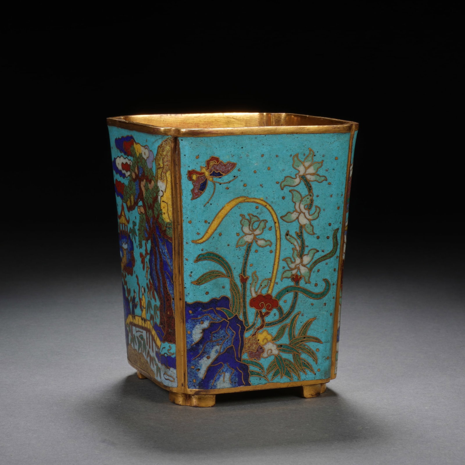An Exquisite Cloisonne Square Brush Pot With Floral,Landscape And Figure Patterns: An Exquisite Cloisonne Square Brush Pot With Floral,Landscape And Figure Patterns,China,Qing Dynasty,Four-Character Qianlong Mark,Dimensions:3inx3inx3.7in,Weight:386g,景泰蓝花&