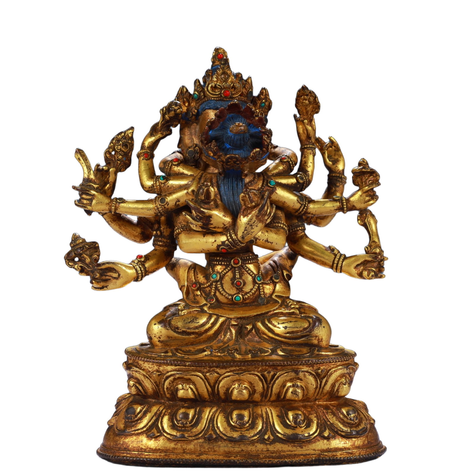 A Solemn Gilt Bronze Statue of Chakrasamvara,Inlaid Gems and Turquoise: A Solemn Gilt Bronze Statue of Chakrasamvara,Inlaid Gems and Turquoise,Qing Dynasty, China,Size:3.9inx2.4inx5.5in,Weight:900g 铜鎏金胜乐金刚像,嵌&
