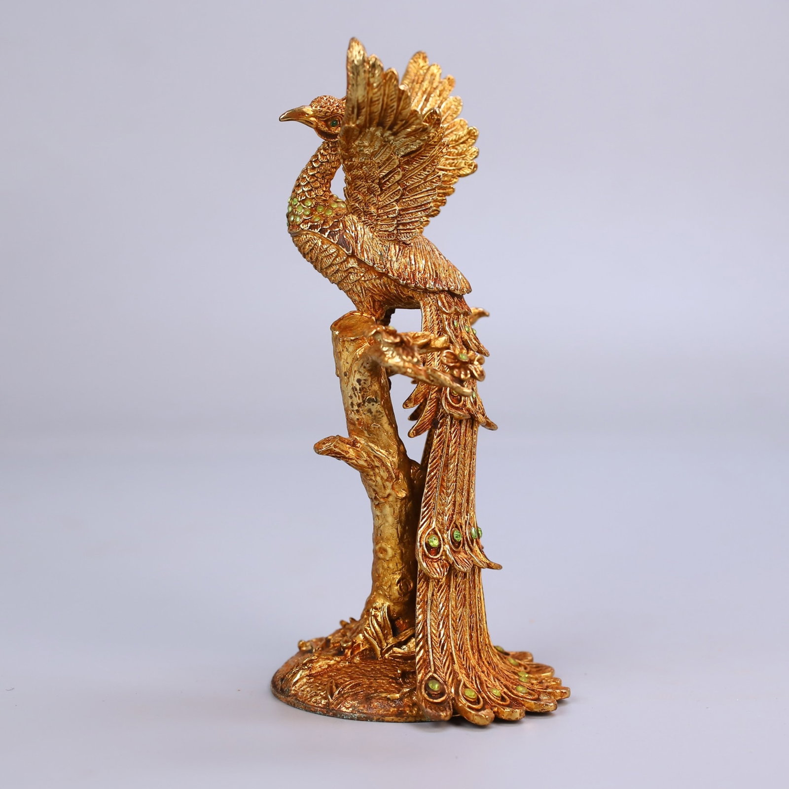 An Exquisite Gilt Bronze Standing Phoenix Ornament Inlaid With Gemstones: An Exquisite Gilt Bronze Standing Phoenix Ornament Inlaid With Gemstones,China,Qing