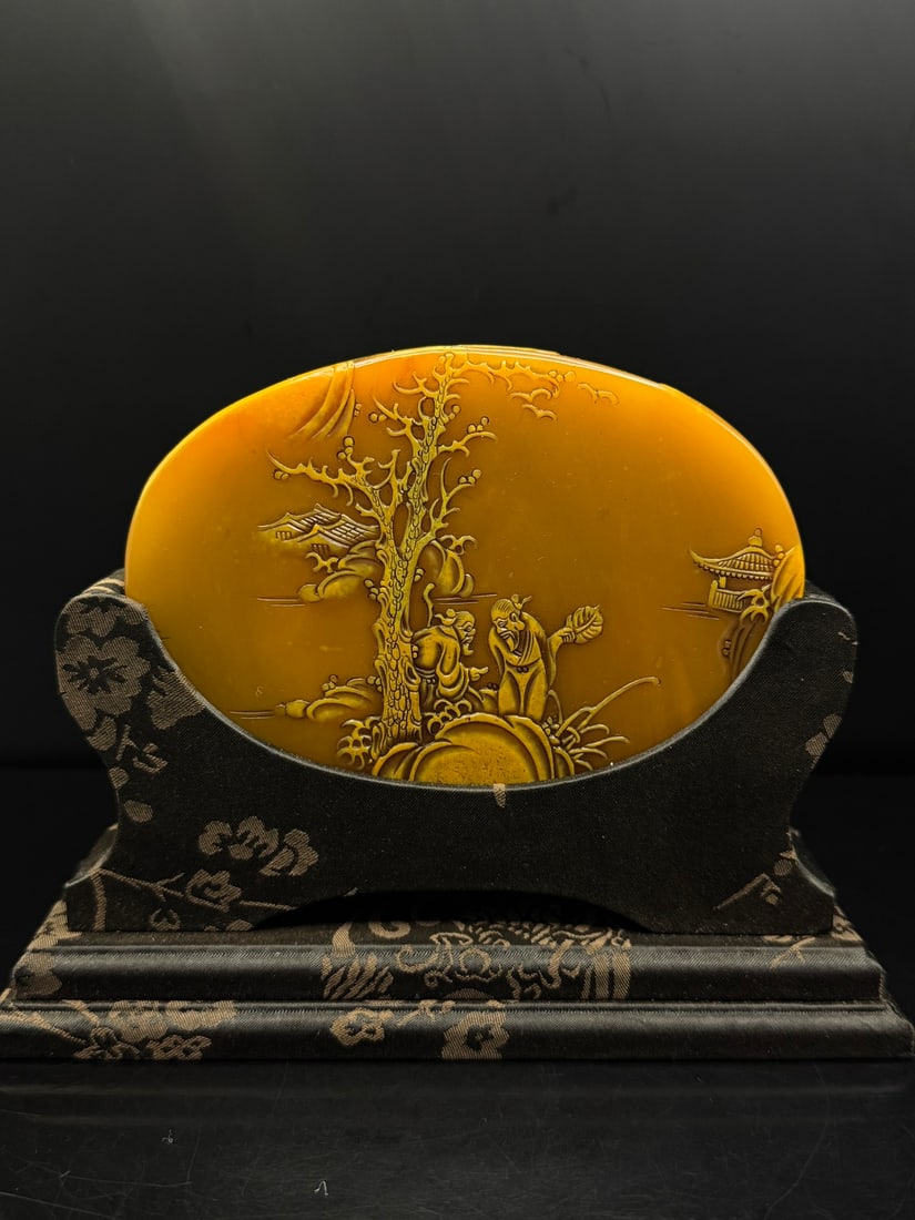 A Fine Tianhuang Stone Round Plaque Ornament With Low?Relief Landscape?Figures And Poem Inscriptions (1 of 9)