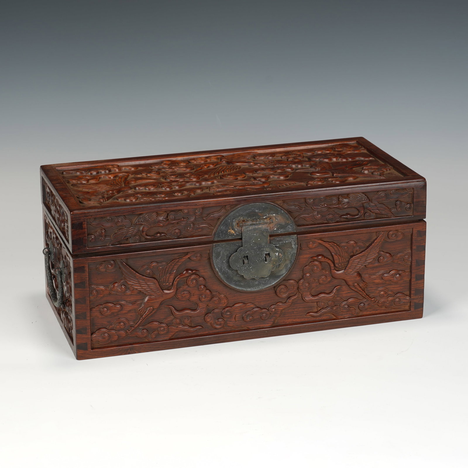 An Exquisite Huanghuali Wood Rectangular Scholar's Treasure Chest With Cloud And Crane Pattern (1 of 7)