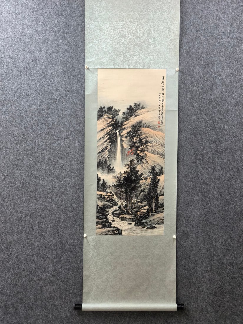 A Chinese Vertical Scroll Ink Painting of Landscape on Paper,Huang Junbi: A Chinese Vertical Scroll Ink Painting of Landscape on Paper,Huang Junbi,Size:16.5inx40.6in