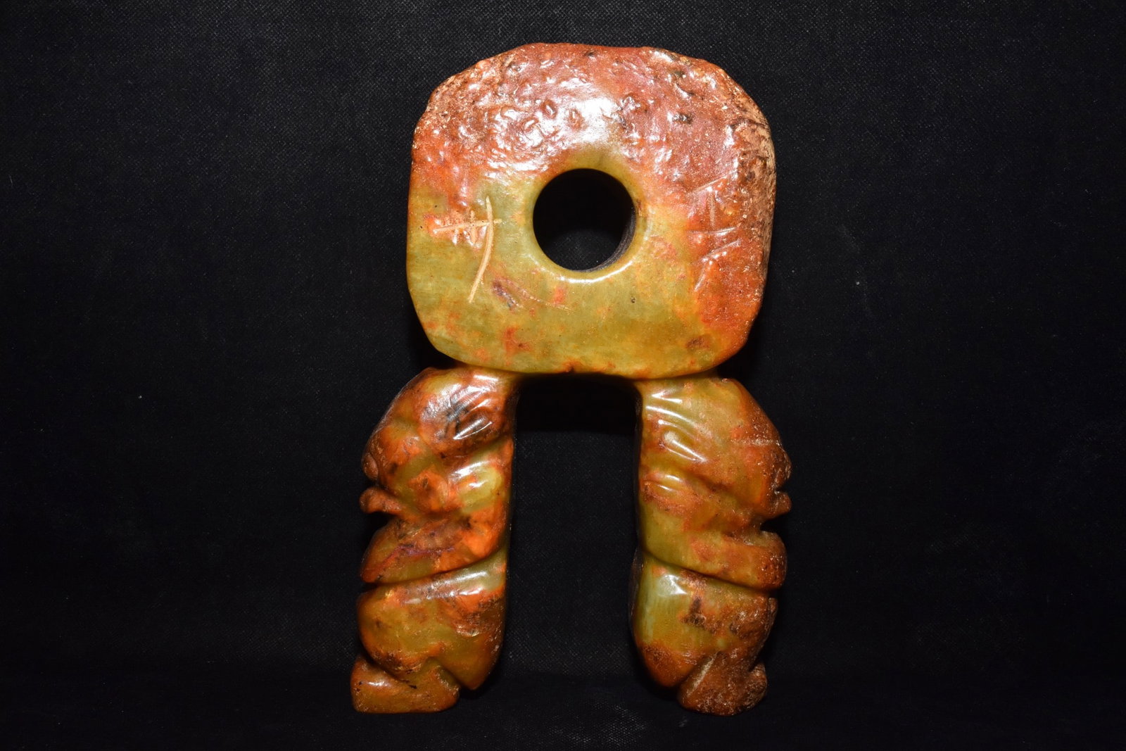 A Fine White Jade Ornament Of Two Figures Supporting Square Bi: A Fine White Jade Ornament Of Two Figures Supporting Square Bi,Hongshan Culture,Dimensions:6.3inx 9.3in,Weight:3250g,白玉双人托方璧摆件,红&#