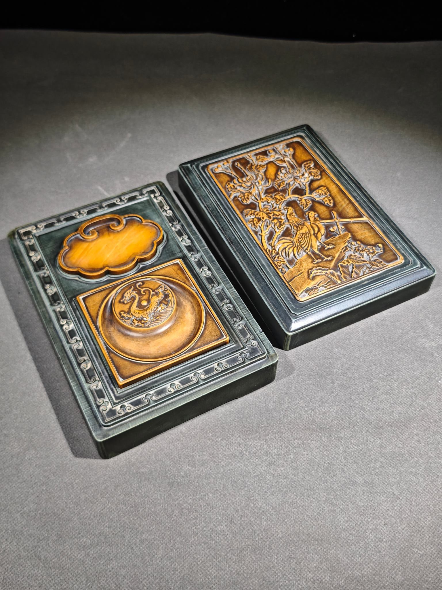 A Fine Songhua Stone Suite Inkstone: A Fine Songhua Stone Suite Inkstone,China,Qing Dynasty,Four‑Character Jiaqing Mark,Dimensions:8.2inx5.5inx2.1in,松花石套砚,中国清代,嘉