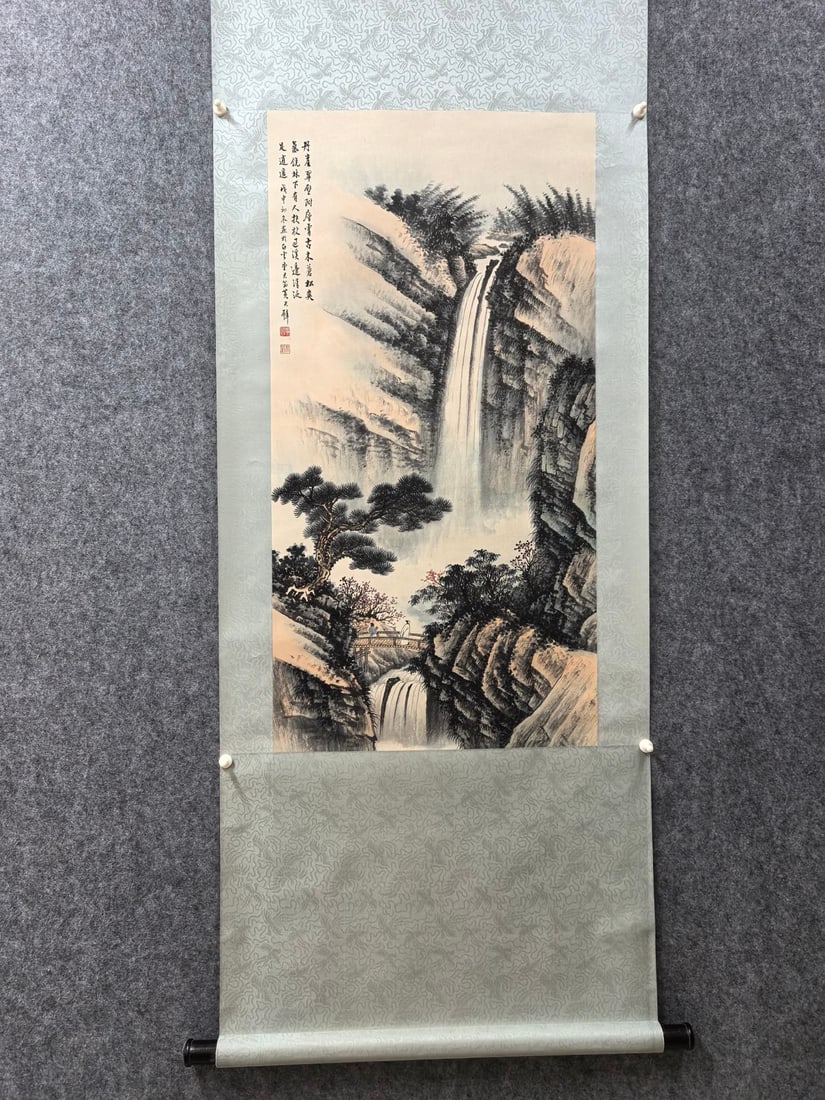 A Chinese Vertical Scroll Ink Painting of Landscape and Figure on Paper,Huang Junbi (1 of 4)