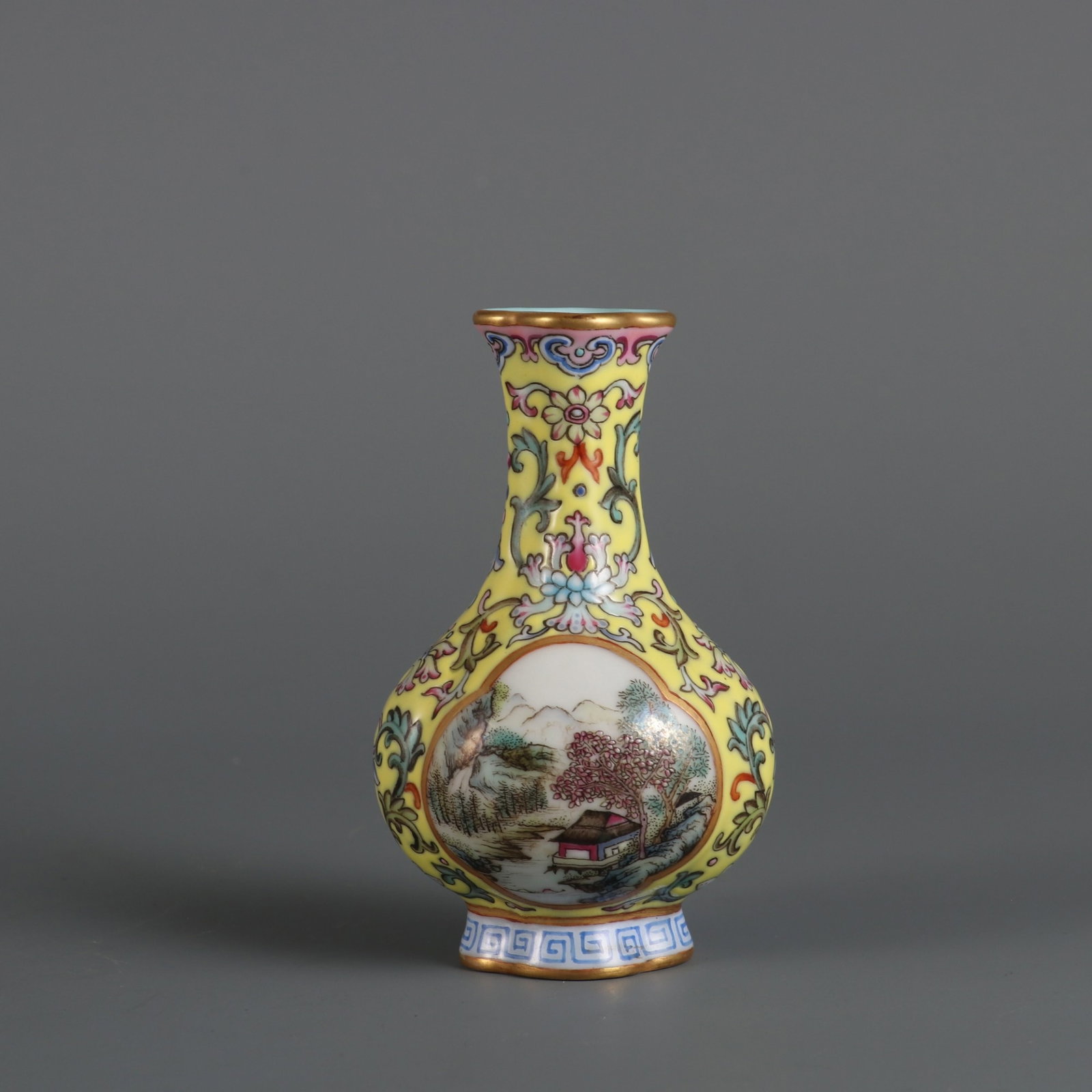 An Exquisite yellow ground yangcai foreign flower medallion landscape four seasons flower (1 of 8)